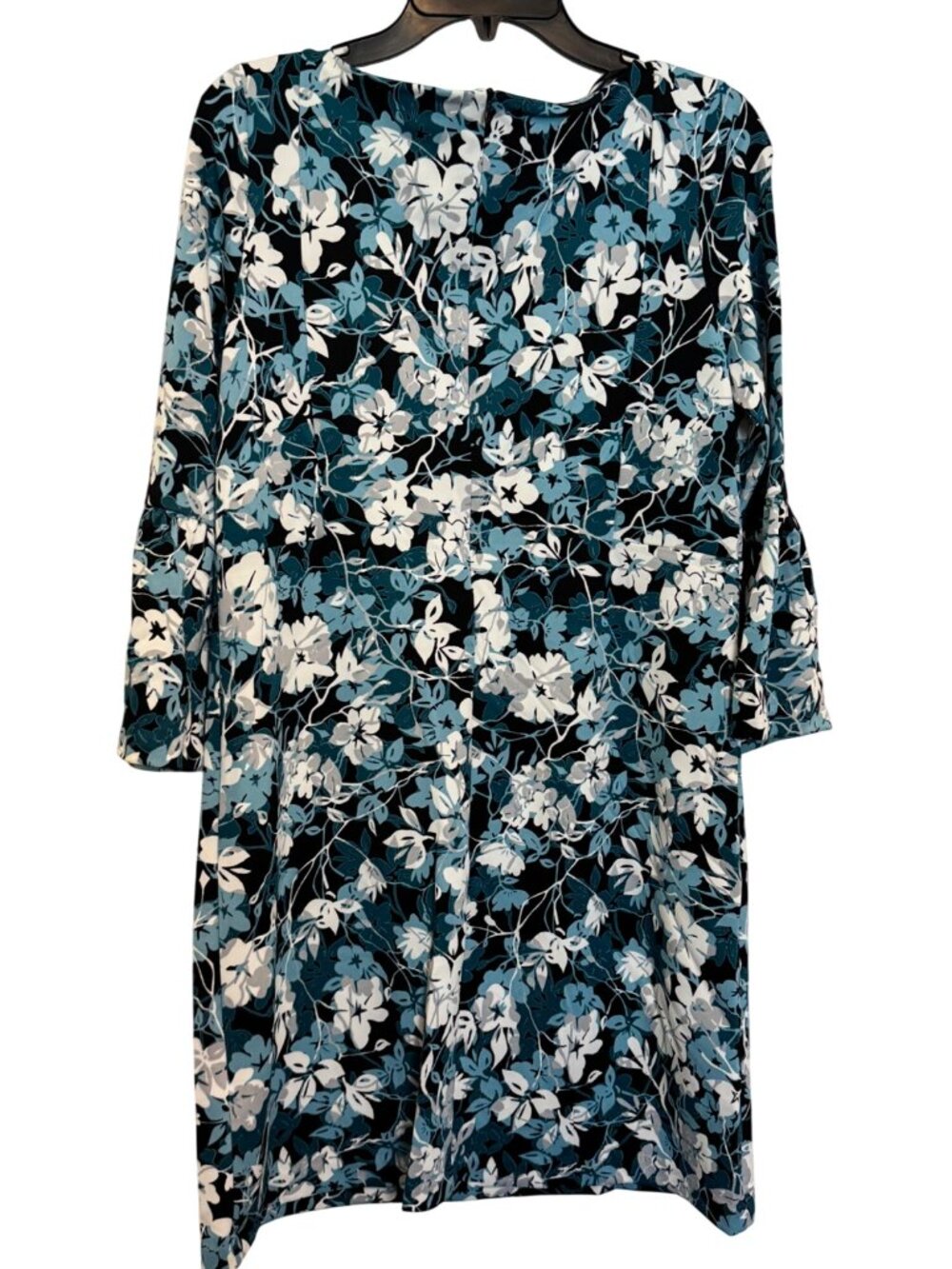 Floral Print 3/4 Sleeve Dress With Flared Cuffs Black & Teal Size M 95% Polyeste - Picture 2 of 6
